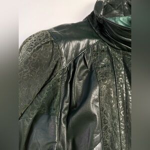 Women's vintage Dark Green Leather Jacket - Textured Panel Design